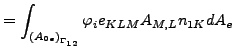 $\displaystyle = \int_{{(A_{0e})}_{\Gamma _{12}}} \varphi_i e_{KLM} A_{M,L} n_{1K} dA_e$