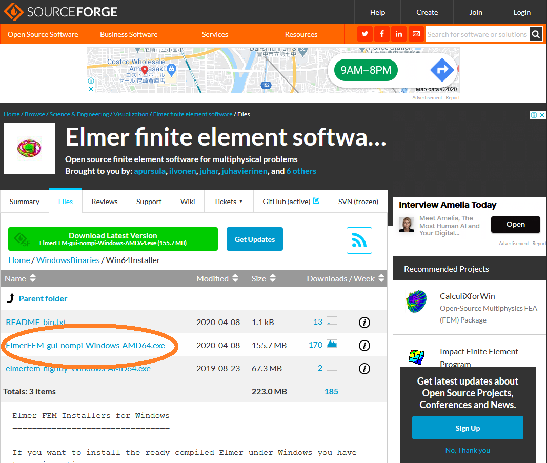 SourceForge の Elmer ダウンロードページ