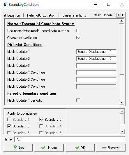 境界条件設定ダイアログ（FSI、Mesh Update タブ）
