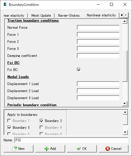 境界条件設定ダイアログ（FSI、Nonlinear elasticity タブ）