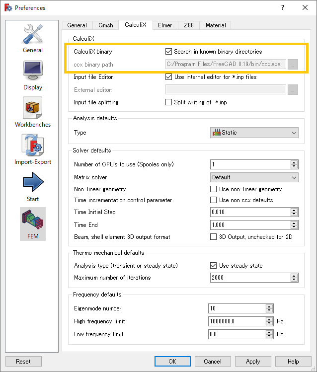 FEM workbench settings on Preferences dialog