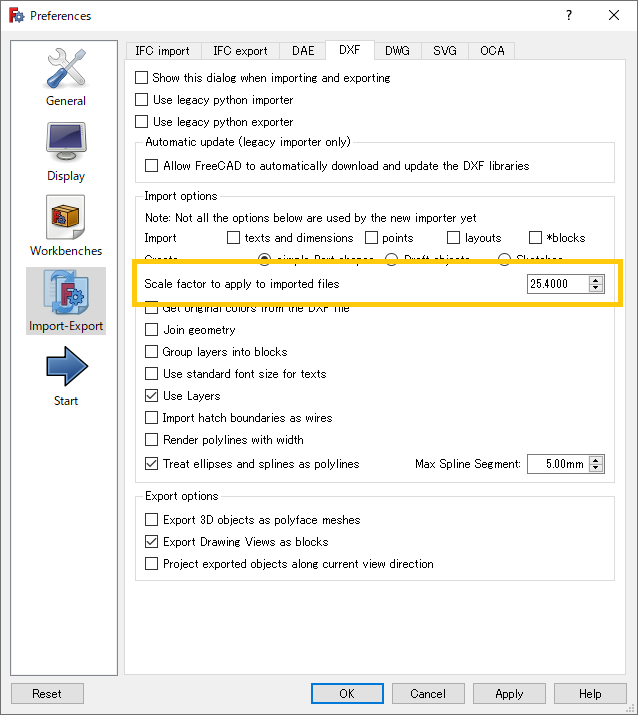 図.「Scale factor to apply to imported files」に「25.4」と入力