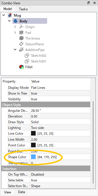 View Shape color property at View tab