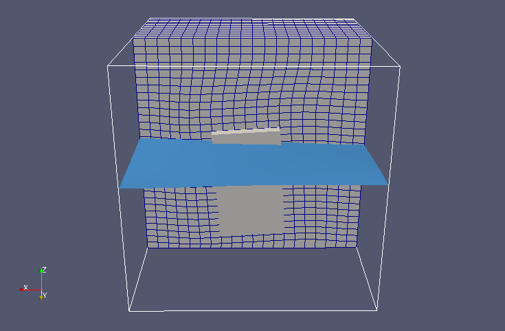 Liquid surface, floating object and mesh cross section at 3.4 sec