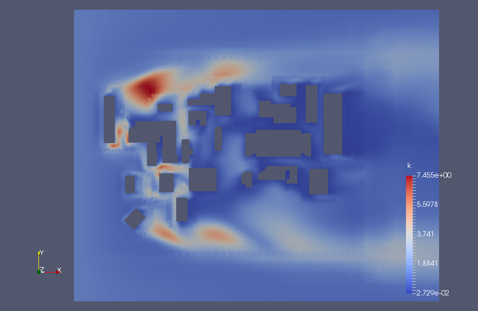 Turbulence energy in XY-plane at Z=1.5m (k)