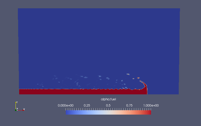 時刻1.6×10^-5秒での液相 fuel の体積率（alpha.fuel）