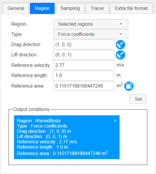 Force coefficients output setting