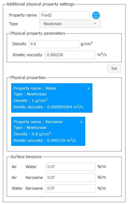 Additional physical property settings